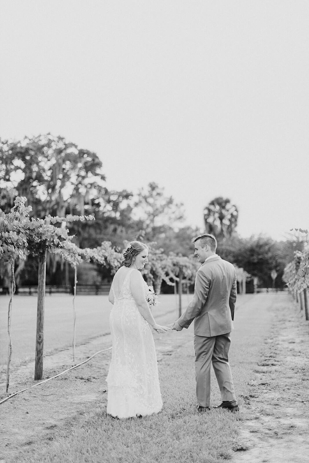 bride and groom stand together in vineyard at ever after farms vineyard wedding venue